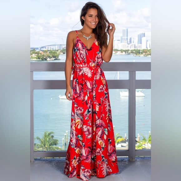 See You Monday Dresses & Skirts - See You Monday Red Tropical Print Maxi Dress with Waist Tie | Size Medium